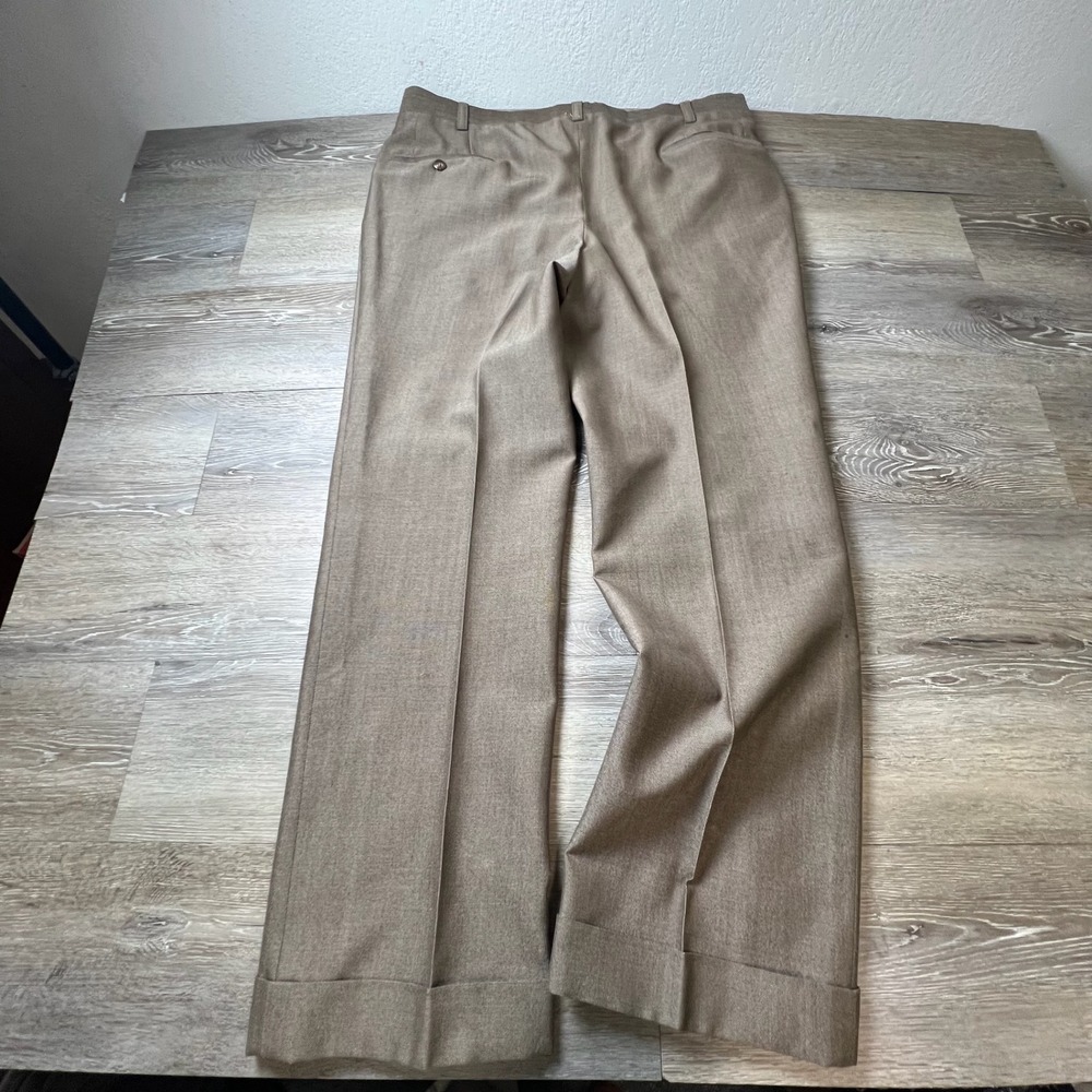 Vintage 1960s Dress Pants Mens 36x29 Brown Talon Zipper Cuffed Straight Trousers